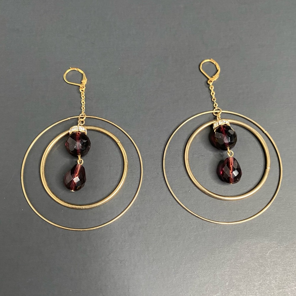 Vintage Y2K Bebe Gold/ Purple Stone Round Hanging Chandelier Earrings - EUC